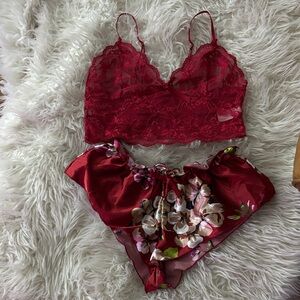 Red Lace Bralette & Floral Satin Shorts Set